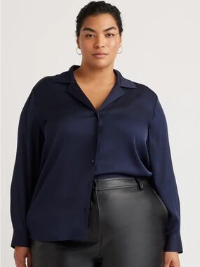 Quince Navy Stretch Silk Notch Collar Blouse Women’s Size 3X